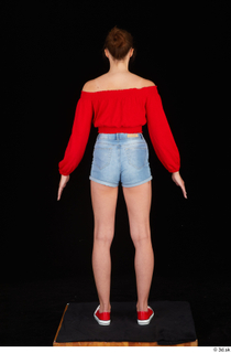 Stacy Cruz blue jeans shorts casual dressed red off shoulder…